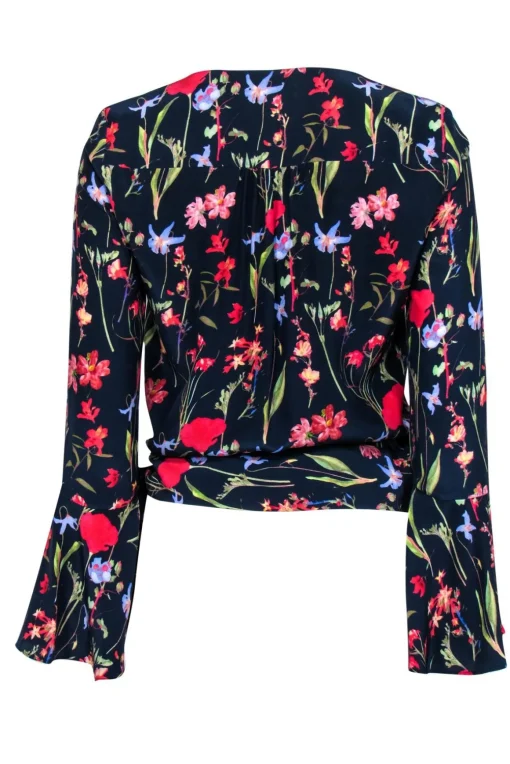 Parker - Navy & Multicolor Floral Bell Sleeve Silk Wrap Blouse Sz XS