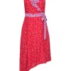 Parker - Red & Lilac Contracting Floral Print Silk Faux-Wrap Midi Dress w/ Ruffle Details & Asymmetrical Hemline Sz 2