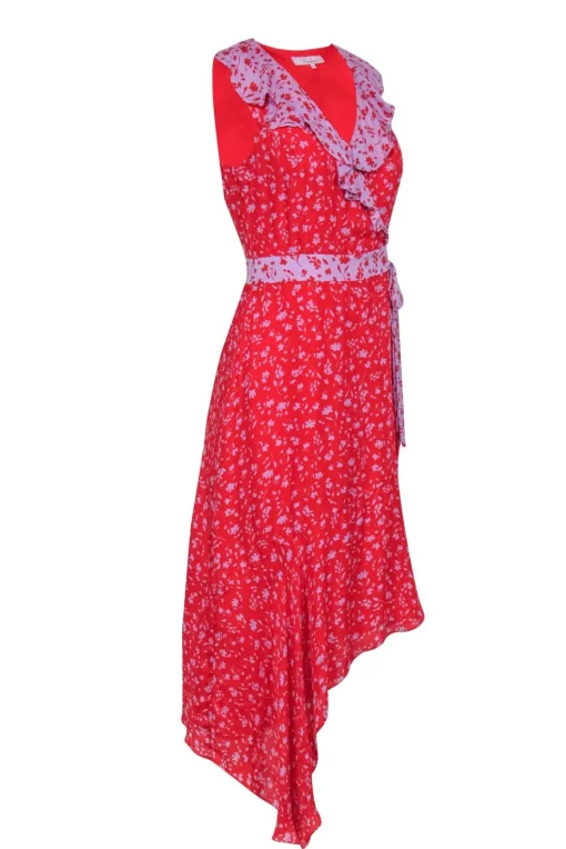 Parker - Red & Lilac Contracting Floral Print Silk Faux-Wrap Midi Dress w/ Ruffle Details & Asymmetrical Hemline Sz 2