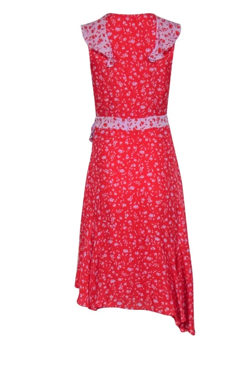 Parker - Red & Lilac Contracting Floral Print Silk Faux-Wrap Midi Dress w/ Ruffle Details & Asymmetrical Hemline Sz 2