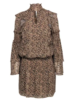 Parker - Tan Leopard Print Ruffle Fit & Flare Dress Sz XS
