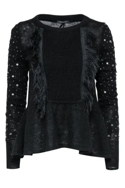 Patrizia Pepe - Black Wool Blend Sweater w/ Feathered, Beaded & Sequin Fringe Sz 2