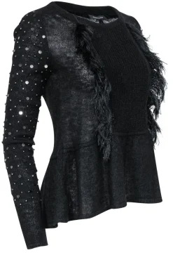 Patrizia Pepe - Black Wool Blend Sweater w/ Feathered, Beaded & Sequin Fringe Sz 2