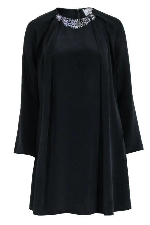 3.1 Phillip Lim - Black Silk Long Sleeve Dress w/ Beaded Neckline Sz 6
