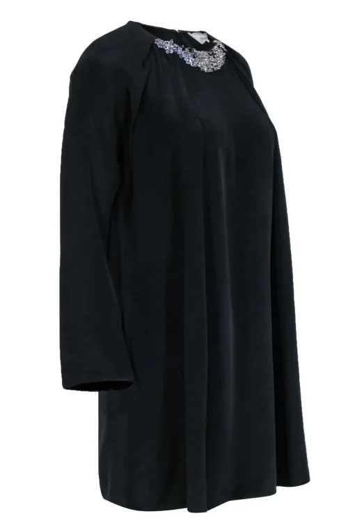 3.1 Phillip Lim - Black Silk Long Sleeve Dress w/ Beaded Neckline Sz 6