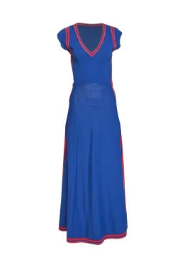 Pinko - Blue Knit A-Line Midi Dress w/ Red Trim Sz L