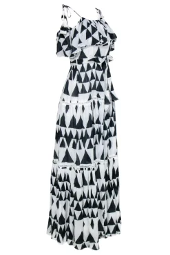 Place Nationale - White & Navy Geometric Print Tiered Maxi Dress w/ Eyelet Trim Sz S