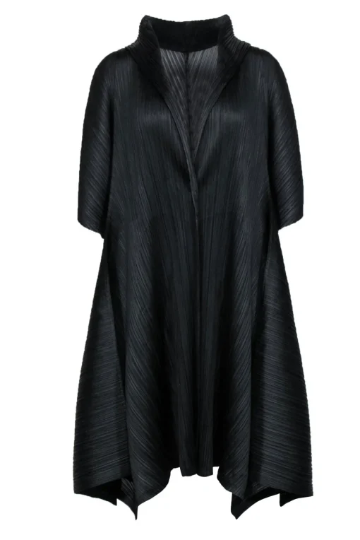 Pleats Please Issey Miyake - Black Silky Pleated Longline Short Sleeve Kimono Sz XXL