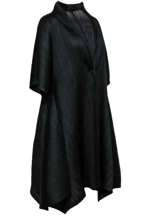 Pleats Please Issey Miyake - Black Silky Pleated Longline Short Sleeve Kimono Sz XXL