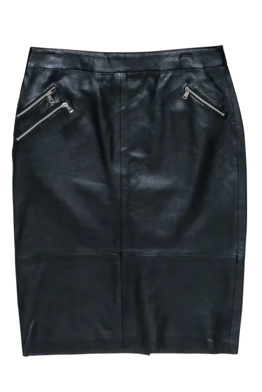 Polo Ralph Lauren - Black Leather  Pencil Skirt w/ Zippers Sz 10