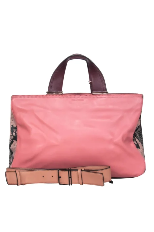 Pour La Victoire - Pink Leather Convertible Satchel w/ Snakeskin, Maroon & Beige Trim
