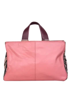 Pour La Victoire - Pink Leather Convertible Satchel w/ Snakeskin, Maroon & Beige Trim
