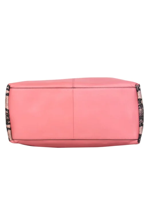 Pour La Victoire - Pink Leather Convertible Satchel w/ Snakeskin, Maroon & Beige Trim