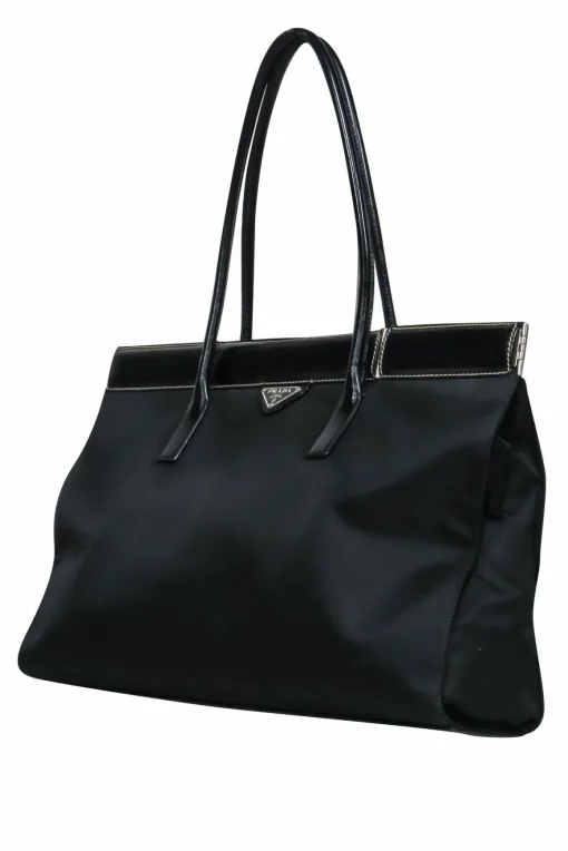 Prada - Black Nylon & Leather Hinge-Style Tote Bag
