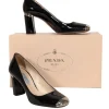 Prada - Black Patent Leather Block Heel Gold Toe Pumps Sz 7