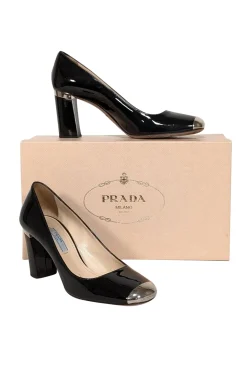 Prada - Black Patent Leather Block Heel Gold Toe Pumps Sz 7