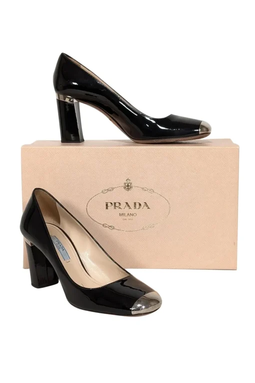 Prada - Black Patent Leather Block Heel Gold Toe Pumps Sz 7