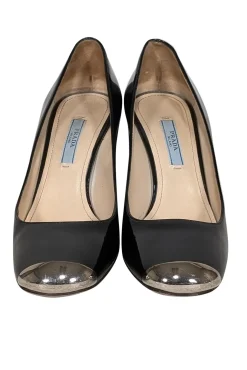 Prada - Black Patent Leather Block Heel Gold Toe Pumps Sz 7