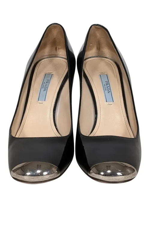 Prada - Black Patent Leather Block Heel Gold Toe Pumps Sz 7