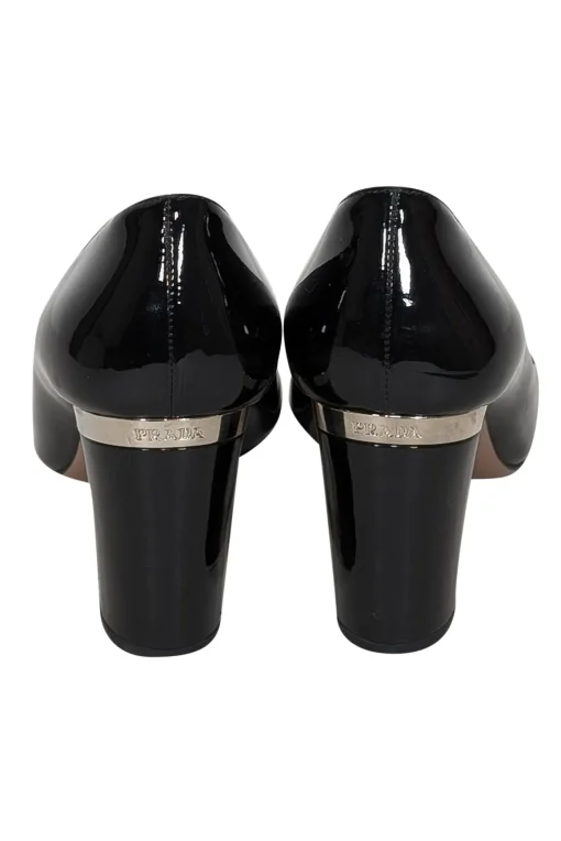 Prada - Black Patent Leather Block Heel Gold Toe Pumps Sz 7
