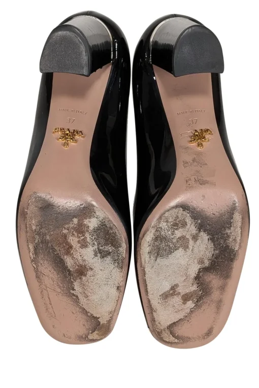 Prada - Black Patent Leather Block Heel Gold Toe Pumps Sz 7