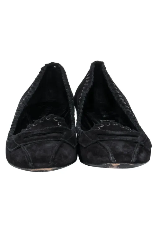 Prada - Black Suede Block Heel Loafers w/ Eyelet Lace-Up Trim Sz 9.5