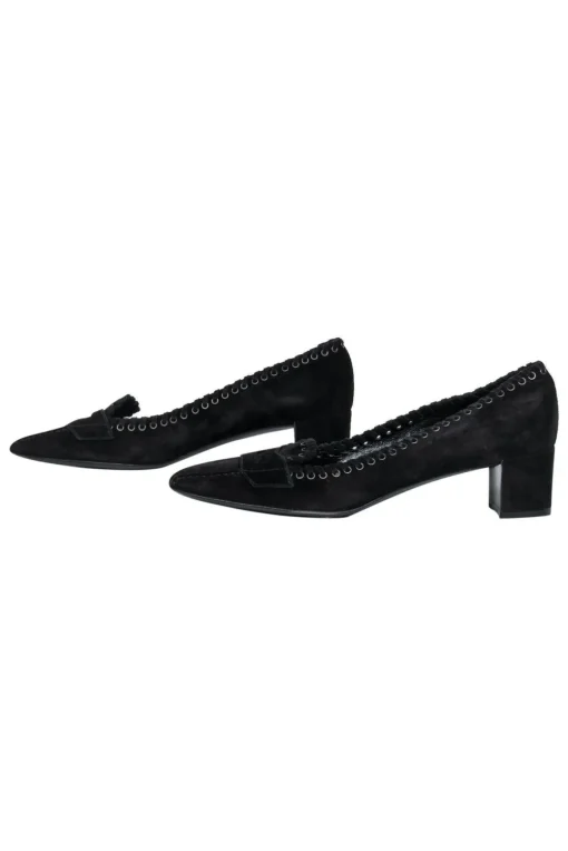 Prada - Black Suede Block Heel Loafers w/ Eyelet Lace-Up Trim Sz 9.5
