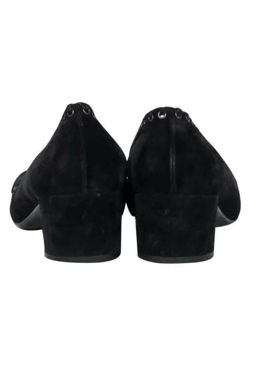 Prada - Black Suede Block Heel Loafers w/ Eyelet Lace-Up Trim Sz 9.5