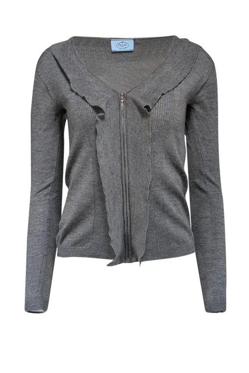 Prada - Grey Silk Cashmere Blend Zipper Front Sweater Sz 2