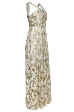 Rachel Zoe - White, Gold & Silver Metallic Floral Print Gown Sz 6