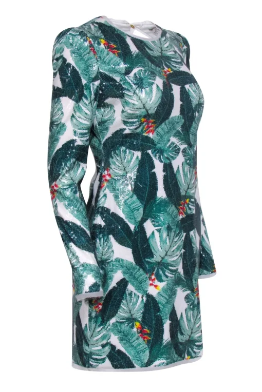Rachel Zoe - White w/ Green Leaf Printed Sequin Dress Sz 8