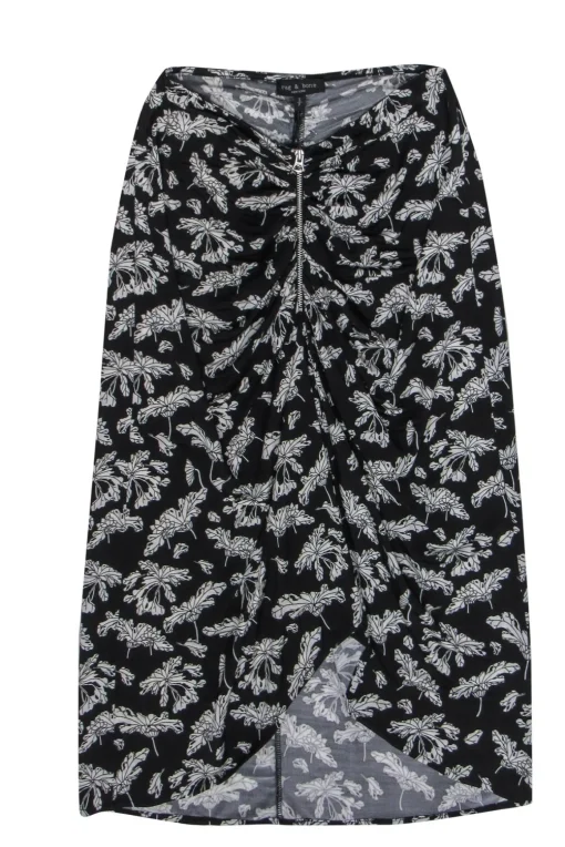 Rag & Bone - Black & White Leaf Print Ruched "Sabeen" Midi Skirt Sz S