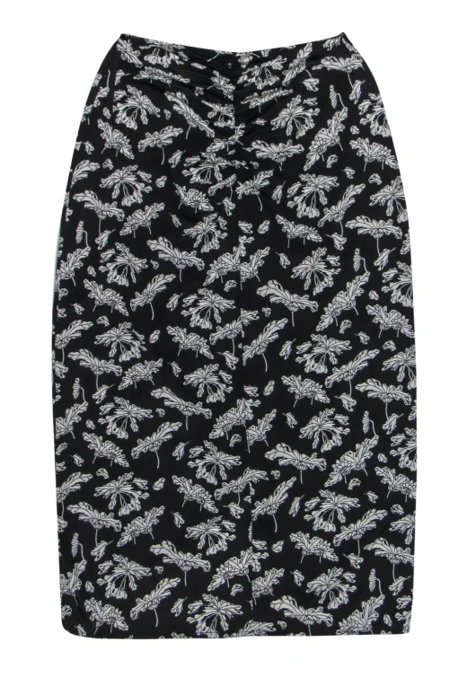 Rag & Bone - Black & White Leaf Print Ruched "Sabeen" Midi Skirt Sz S