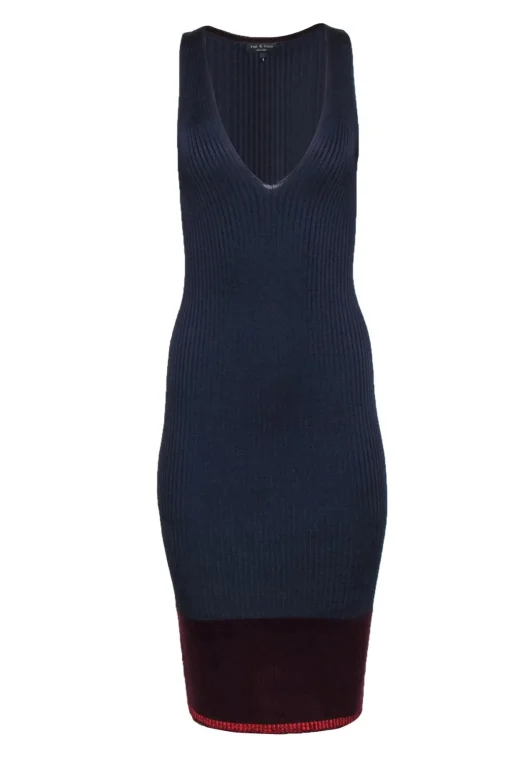 Rag & Bone - Navy, Maroon & Orange Colorblocked Ribbed Midi Dress Sz S