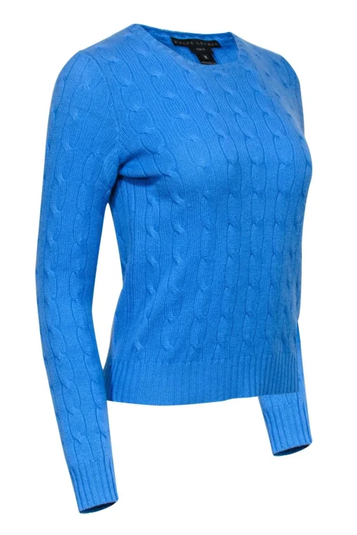 Ralph Lauren - Cornflower Crewneck Cashmere Cable Knit Sweater Sz M