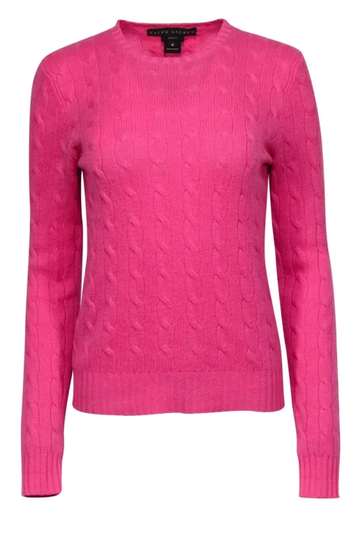 Ralph Lauren - Pink Crewneck Cashmere Cable Knit Sweater Sz M