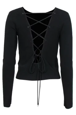 Ramy Brook - Black Ribbed Long Sleeve Fitted “Lucas” Top w/ Lace-Up Back Sz L