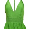 Ramy Brook - Kelly Green Satin Deep-V Peplum Top Sz M