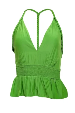 Ramy Brook - Kelly Green Satin Deep-V Peplum Top Sz M