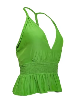 Ramy Brook - Kelly Green Satin Deep-V Peplum Top Sz M