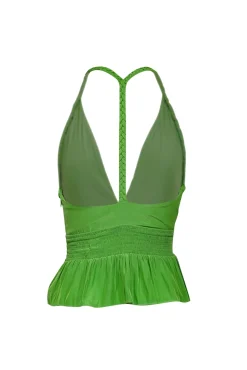 Ramy Brook - Kelly Green Satin Deep-V Peplum Top Sz M