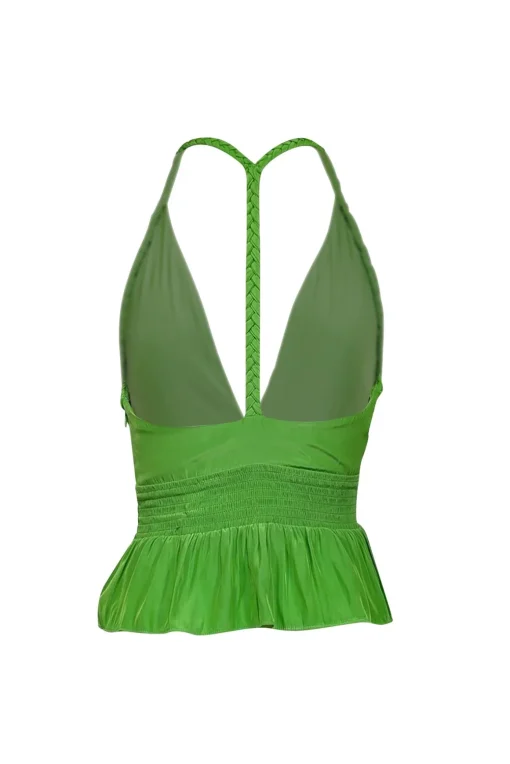 Ramy Brook - Kelly Green Satin Deep-V Peplum Top Sz M