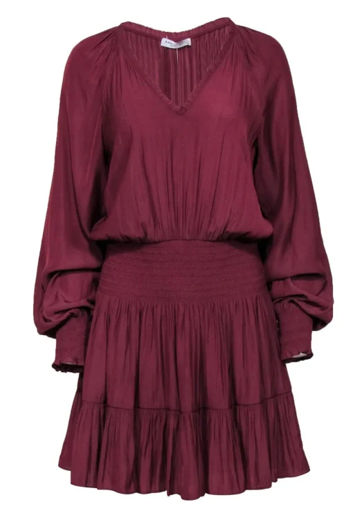 Ramy Brook - Maroon Long Sleeve Smocked Waist Dress Sz M
