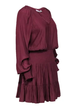 Ramy Brook - Maroon Long Sleeve Smocked Waist Dress Sz M