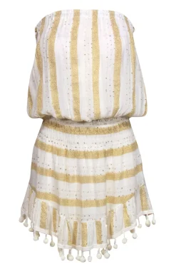 Ramy Brook - White & Gold Sparkly Striped Strapless Dress w/ Pom-Pom Trim Sz XS