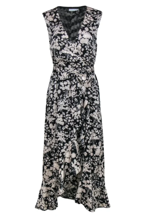 Rebecca Minkoff - Black & Cream Floral Ruffled Faux Wrap "Assia" Maxi Dress Sz M