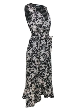 Rebecca Minkoff - Black & Cream Floral Ruffled Faux Wrap "Assia" Maxi Dress Sz M
