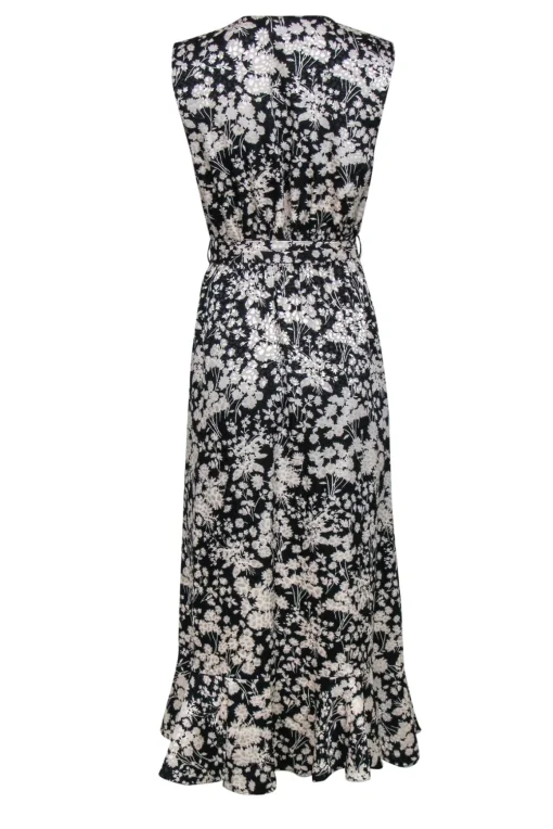 Rebecca Minkoff - Black & Cream Floral Ruffled Faux Wrap "Assia" Maxi Dress Sz M