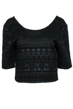 Rebecca Minkoff - Black Sparkly Aztec Textured Cropped "James" Top Sz L