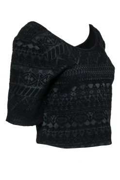 Rebecca Minkoff - Black Sparkly Aztec Textured Cropped "James" Top Sz L